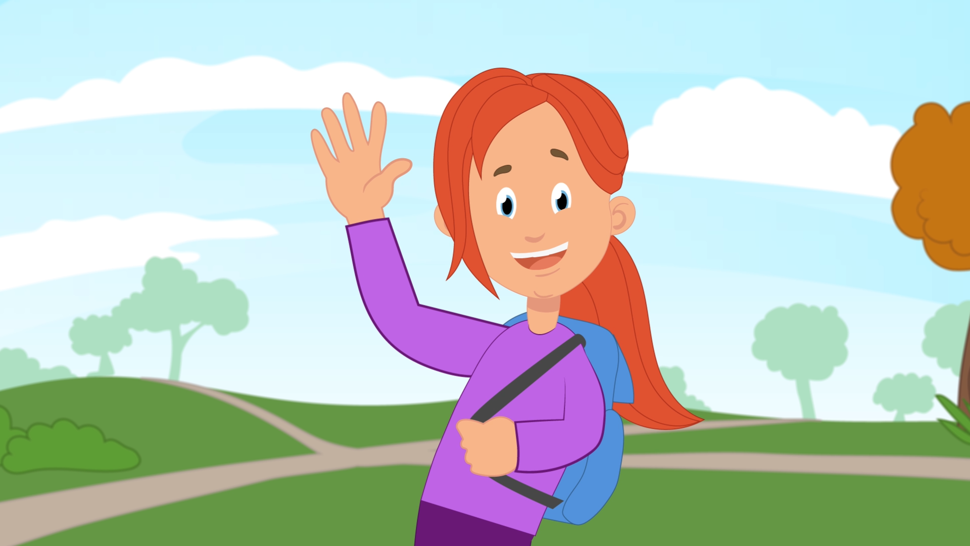 En tegneserie av Line med skolesekk på ryggen.