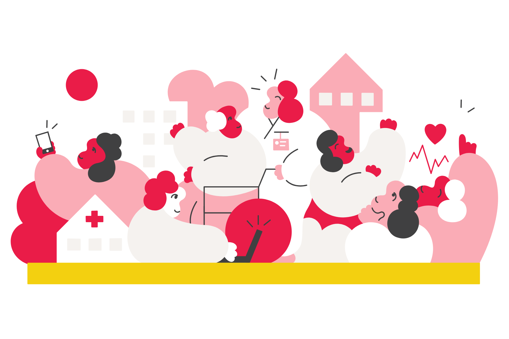 En fargerik illustrasjon av helsepersonell og studenter som samarbeider rundt en stor bok, som symboliserer læring og kompetansedeling.