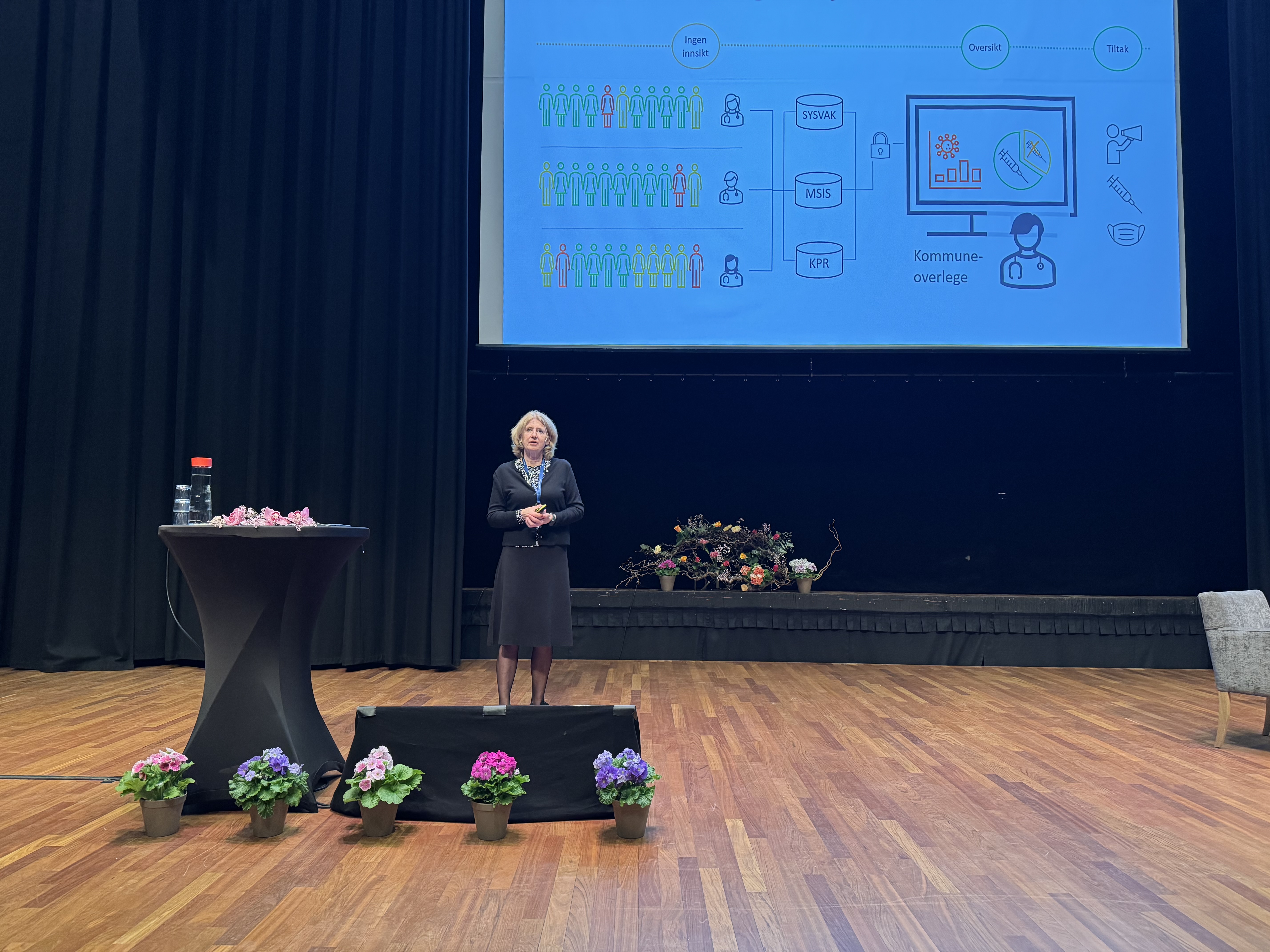 En kvinne som står på en scene foran et lerret