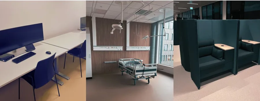 Et rom med skrivebord og stoler