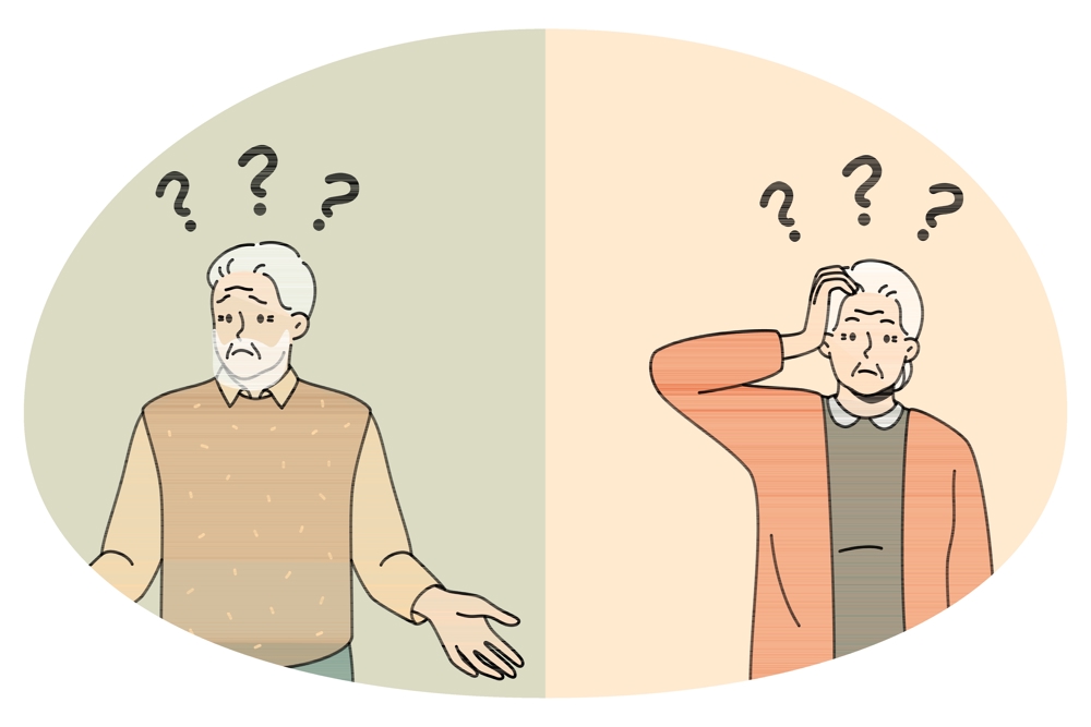 Alvorleg, gammal mann og alvorleg, gammal dame med fleire spørsmålsteikn over. 