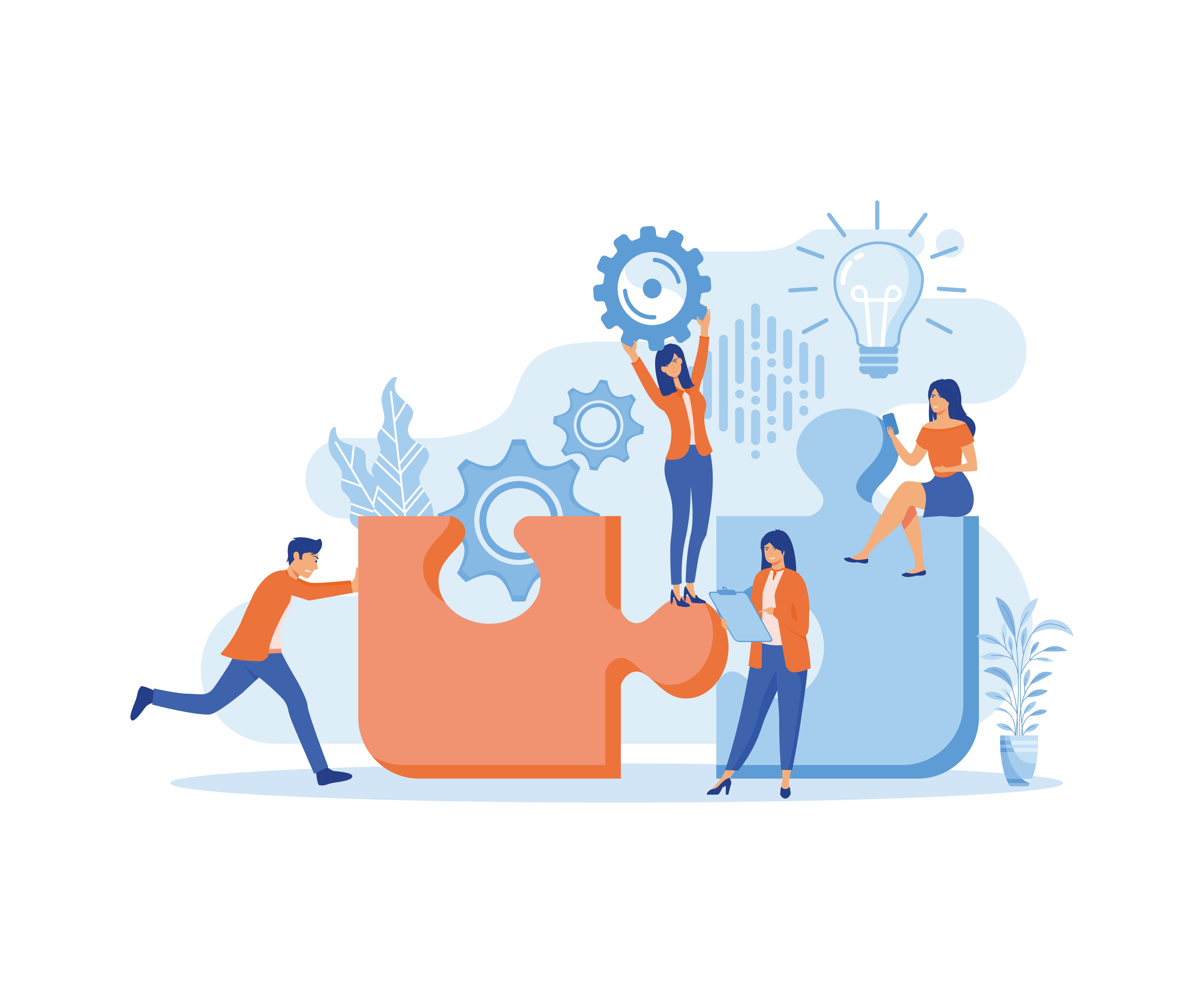 Ei gruppe menneske jobbar i lag, med puslebrikkar som eit symbol på samarbeid. 