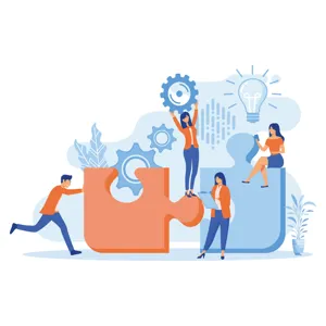 Ei gruppe menneske jobbar i lag, med puslebrikkar som eit symbol på samarbeid.