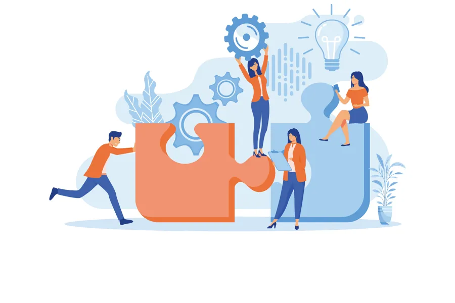 Group of young business people working together with puzzle as a symbol of collaborating, solving problems. flat vector modern illustration