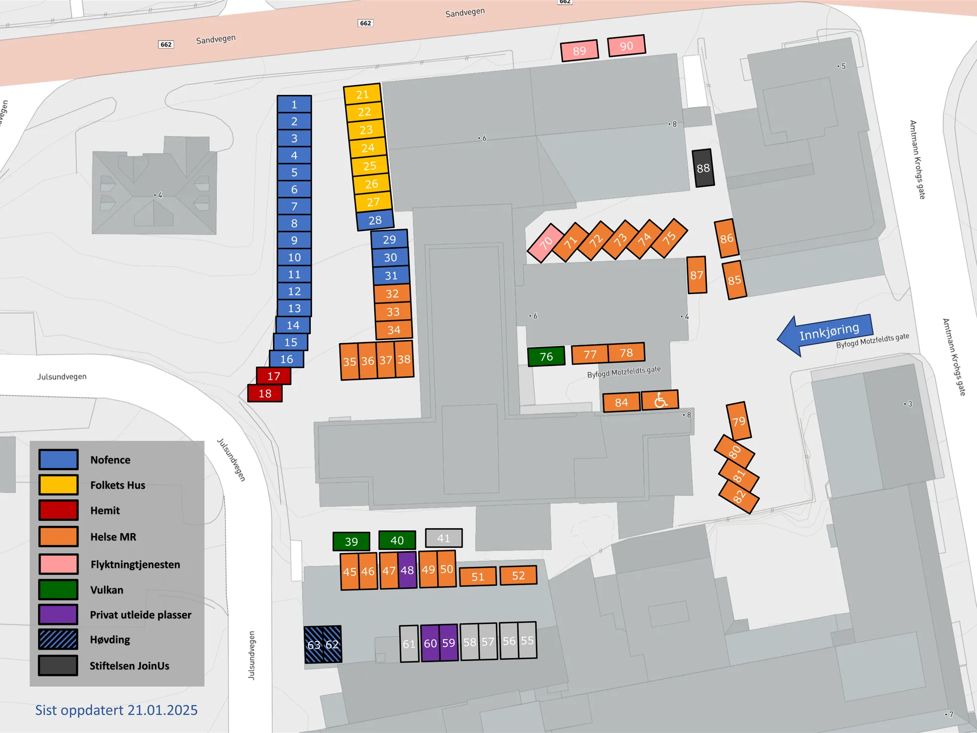 Skisse som viser reservert parkering rundt Høvdingbygget.