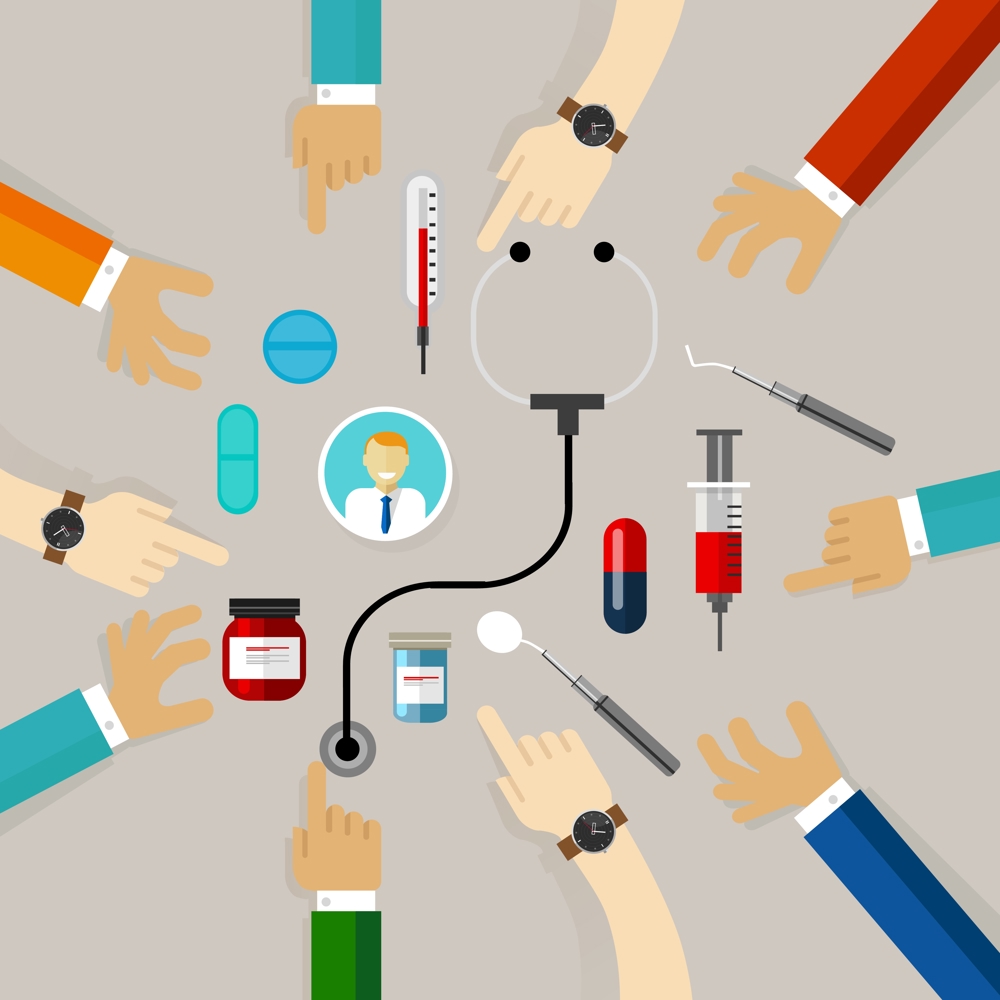 Flere hender som samlest på midten med ulike helseutstyr og medisiner i midten