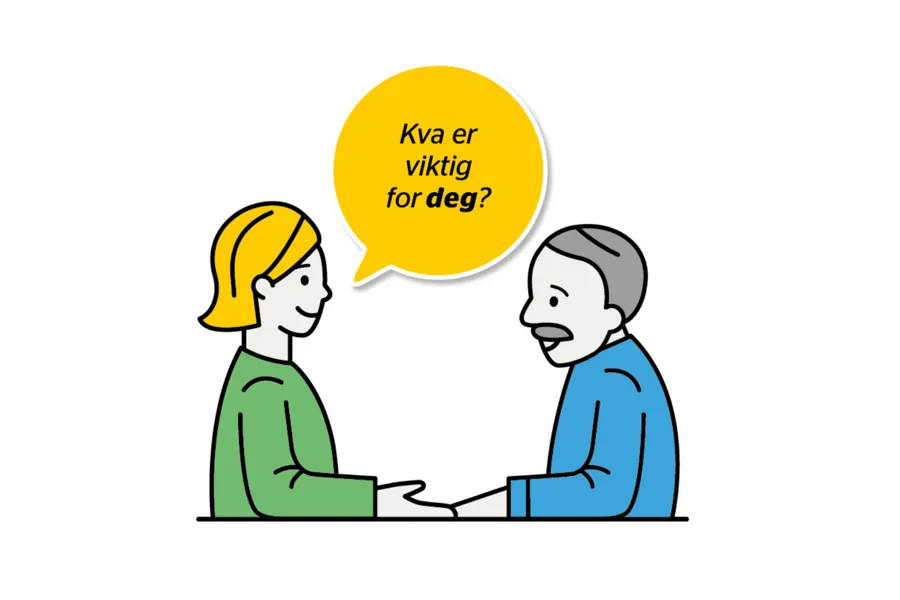 figurer av en kvinne som spør en eldre mann om hva som er viktig for han