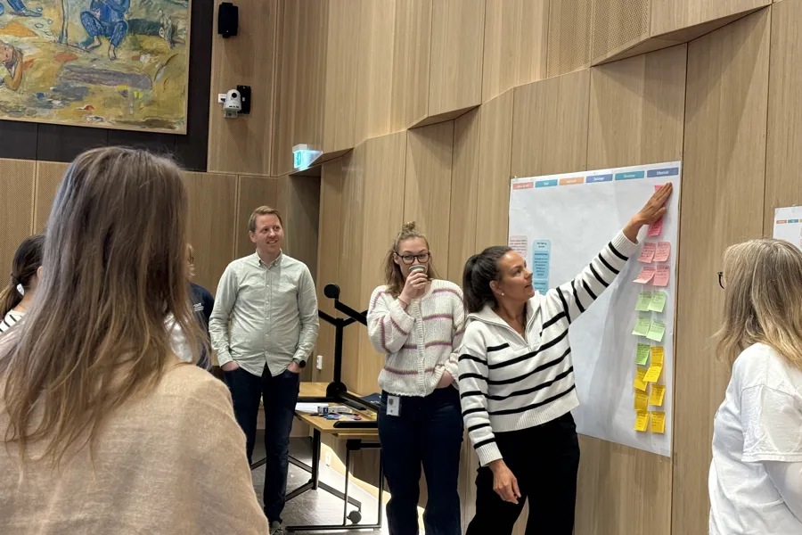 Ei dame som jobbar på ei tavle med post-it lappar, mens arbeidsgruppa står rundt.
