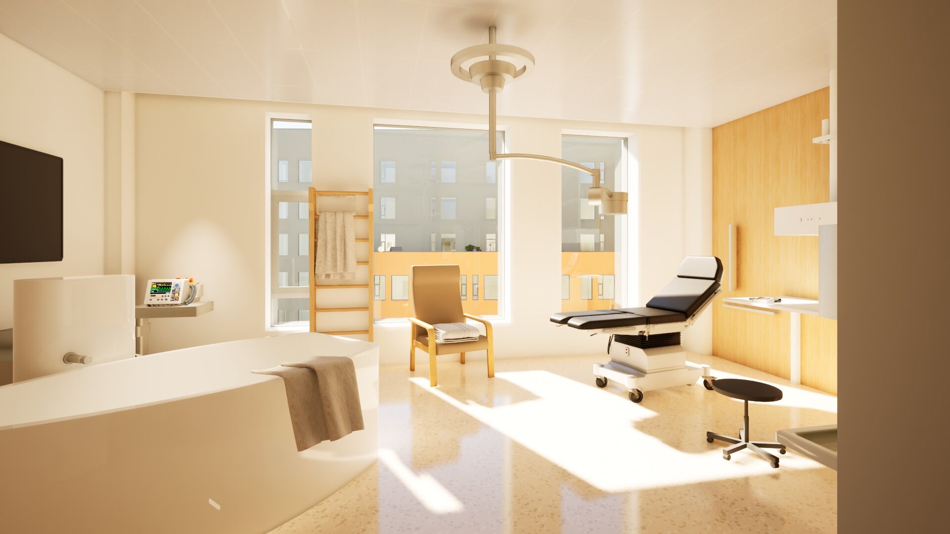 Et rom med et stort speil og en sofa