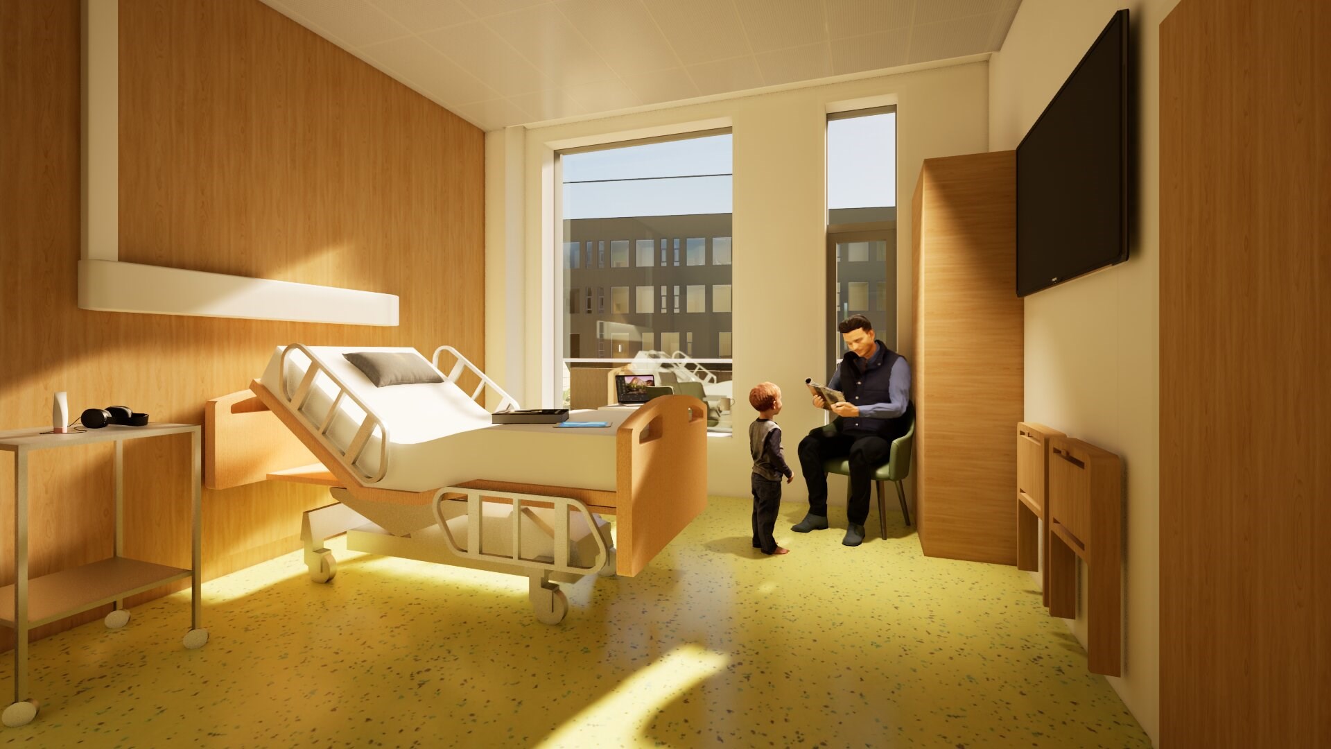 En person og en gutt i et rom med en seng og en TV