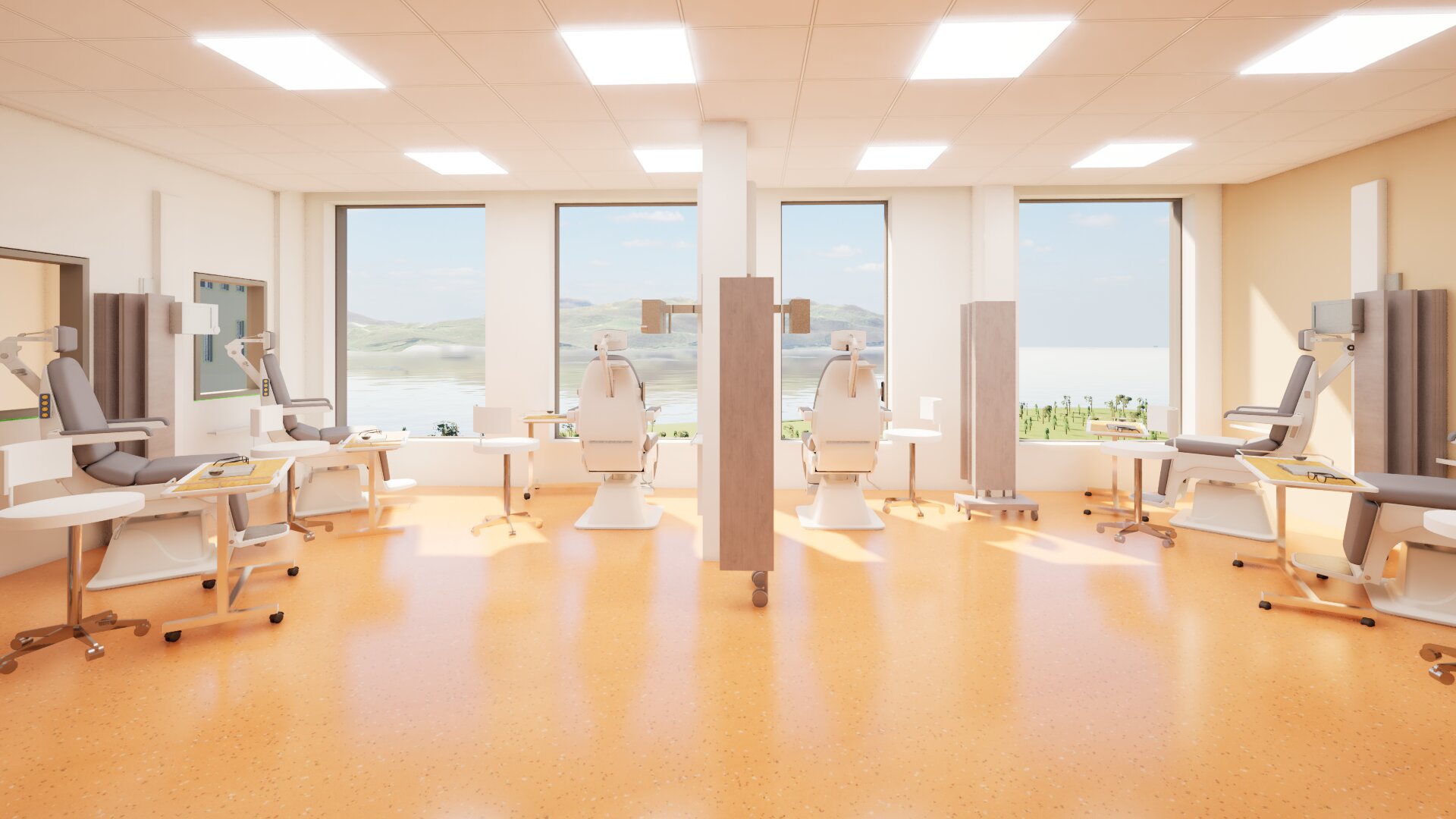 Et tomt kontor med et stort vindu