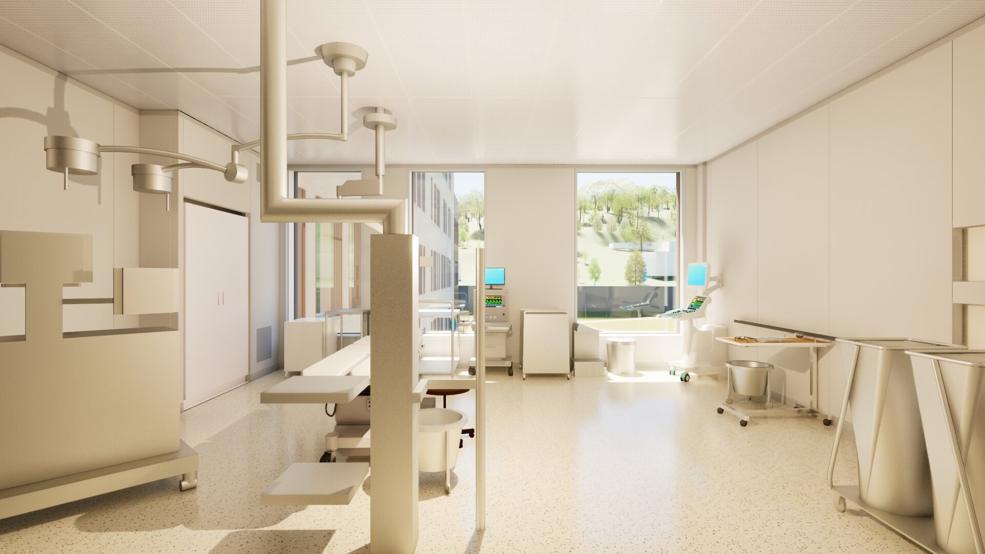 Et rom med hvite vegger og et vindu