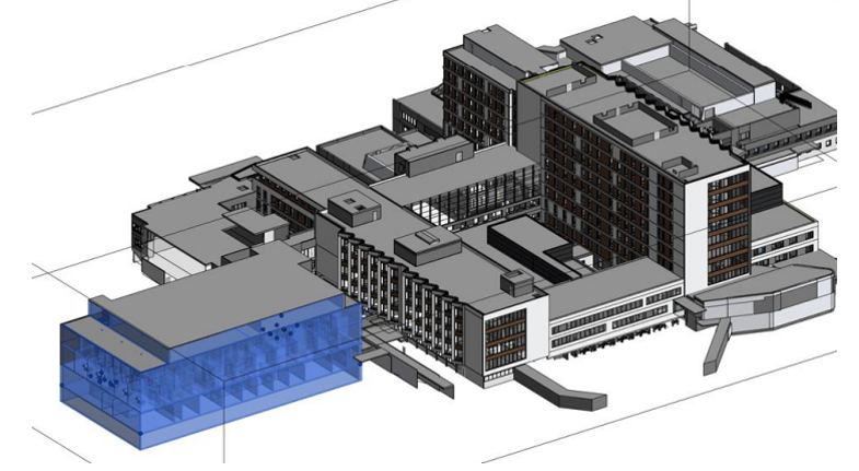 Utvendig planteikning av Ålesund sjukehus. Viser plassering for nytt tilbygg for akutt, intensiv og operasjon (AIO) på vestsida av sjukehuset.