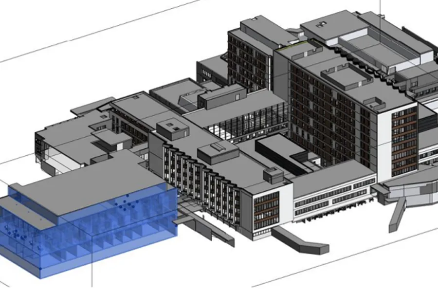 Utvendig planteikning av Ålesund sjukehus. Viser plassering for nytt tilbygg for akutt, intensiv og operasjon (AIO) på vestsida av sjukehuset.