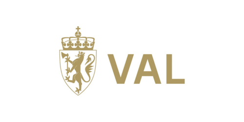 Riksvåpenet og teksten VAL i gull.