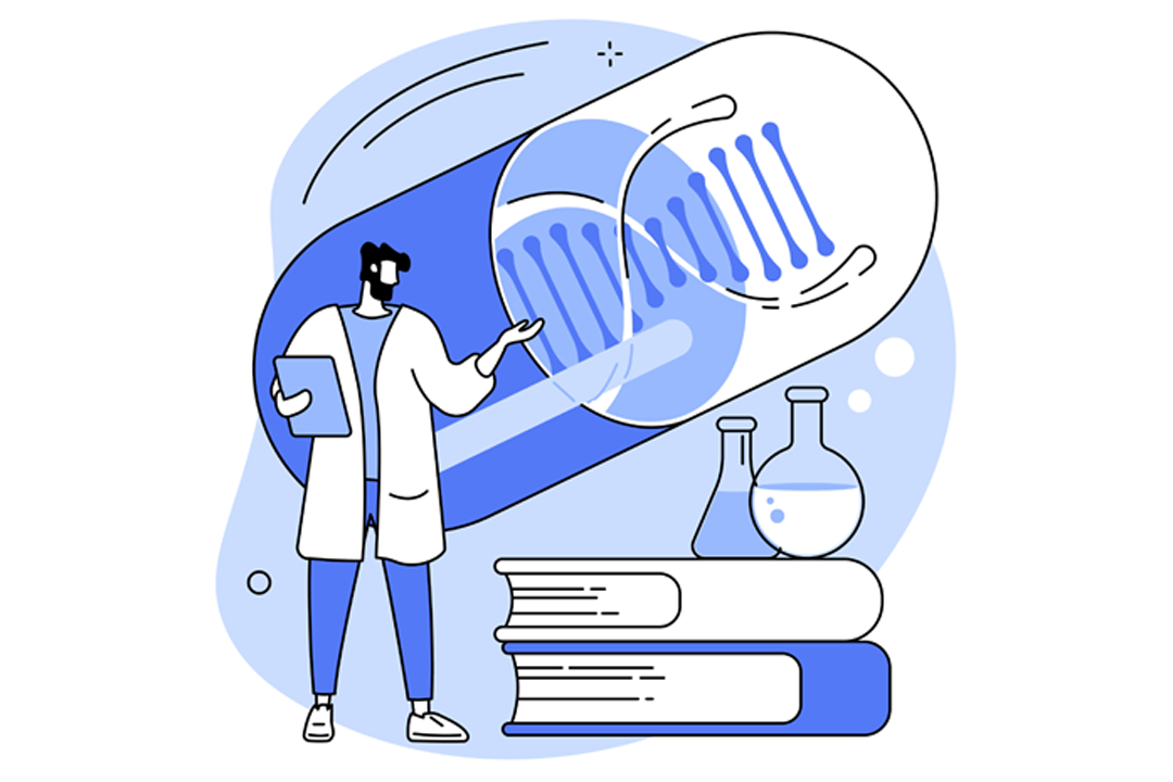Illustrasjon av ein forskar med nettbrett framfor ei stor kapsel med DNA-liknande struktur inni. Ved sida av står laboratoriekolbar oppå bøker, som symboliserer forsking, genetikk og medisinsk kunnskap.