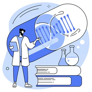 Illustrasjon av ein forskar med nettbrett framfor ei stor kapsel med DNA-liknande struktur inni. Ved sida av står laboratoriekolbar oppå bøker, som symboliserer forsking, genetikk og medisinsk kunnskap.
