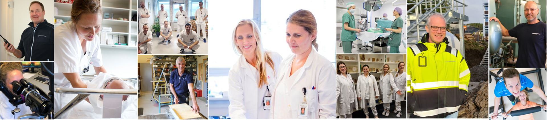 En collage av mennesker i hvite frakker og gule skjorter