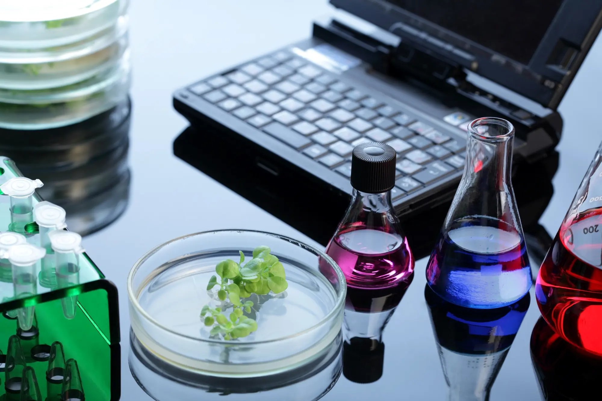 Illustrasjonsbilde med prøvetakingsrør, reagensrør og pc.