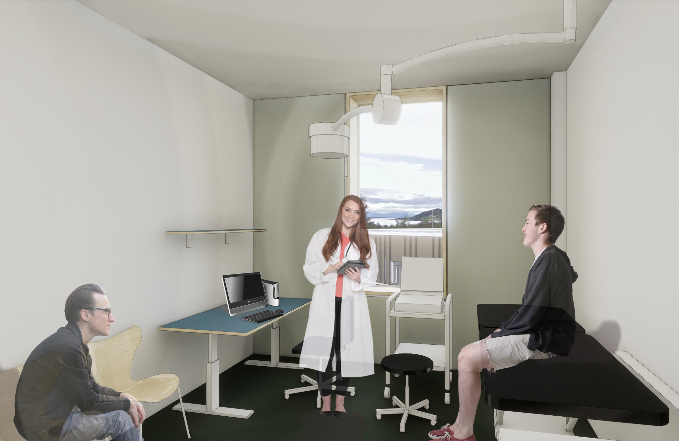 En kvinne som står i et rom med en mann sittende på en stol;