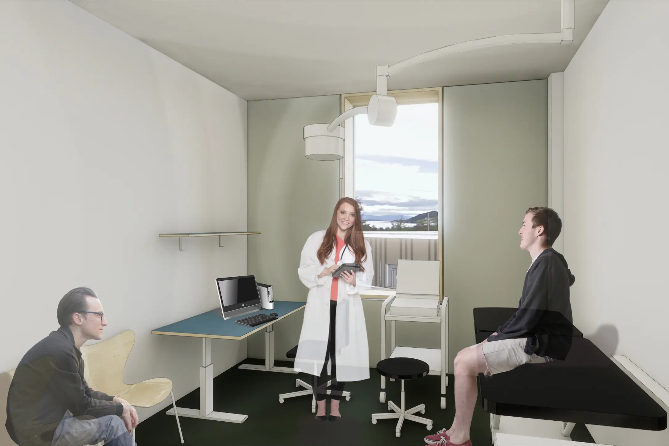 En kvinne som står i et rom med en mann sittende på en stol;