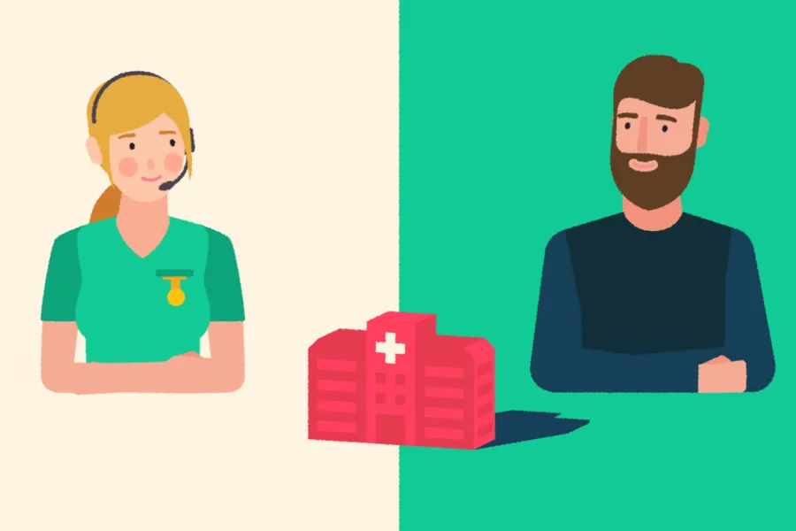 Illustrasjon, pasientrådgivar og pasient.