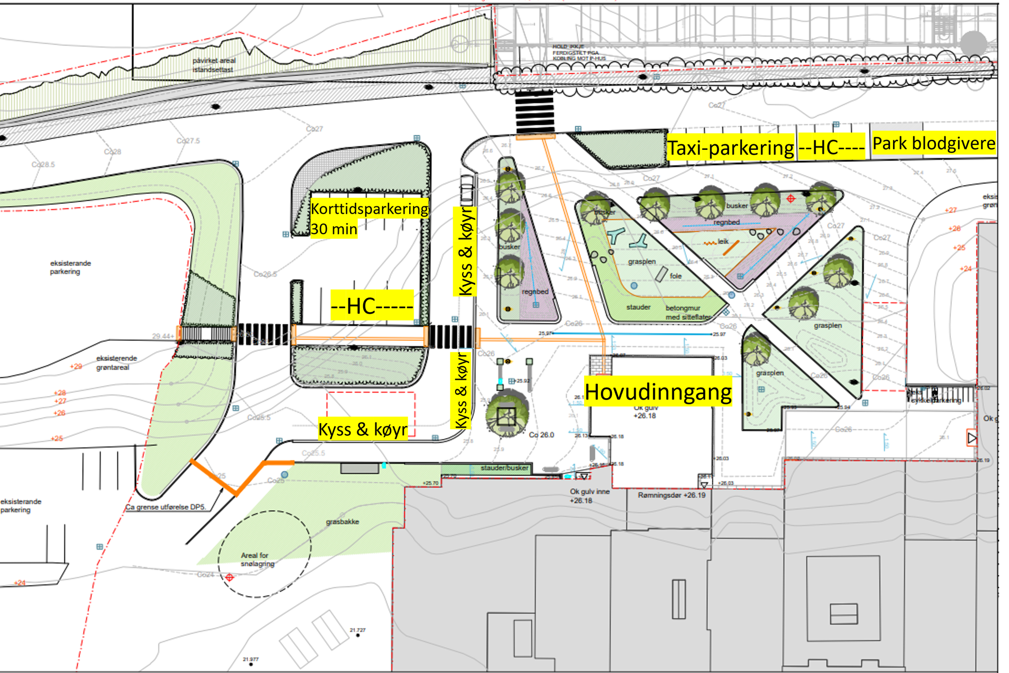 Illutrasjon over parkeringsplasser ved hovedinngangen