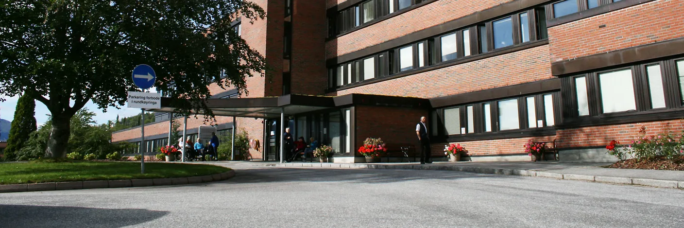 En stor bygning med et tre foran seg