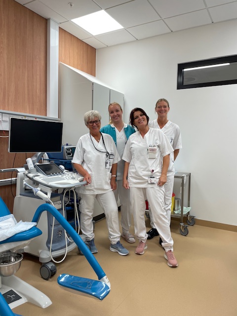 En gruppe kvinner i sykehustøy som står ved behandlingshjelpemidler på gynekologisk poliklinikk.