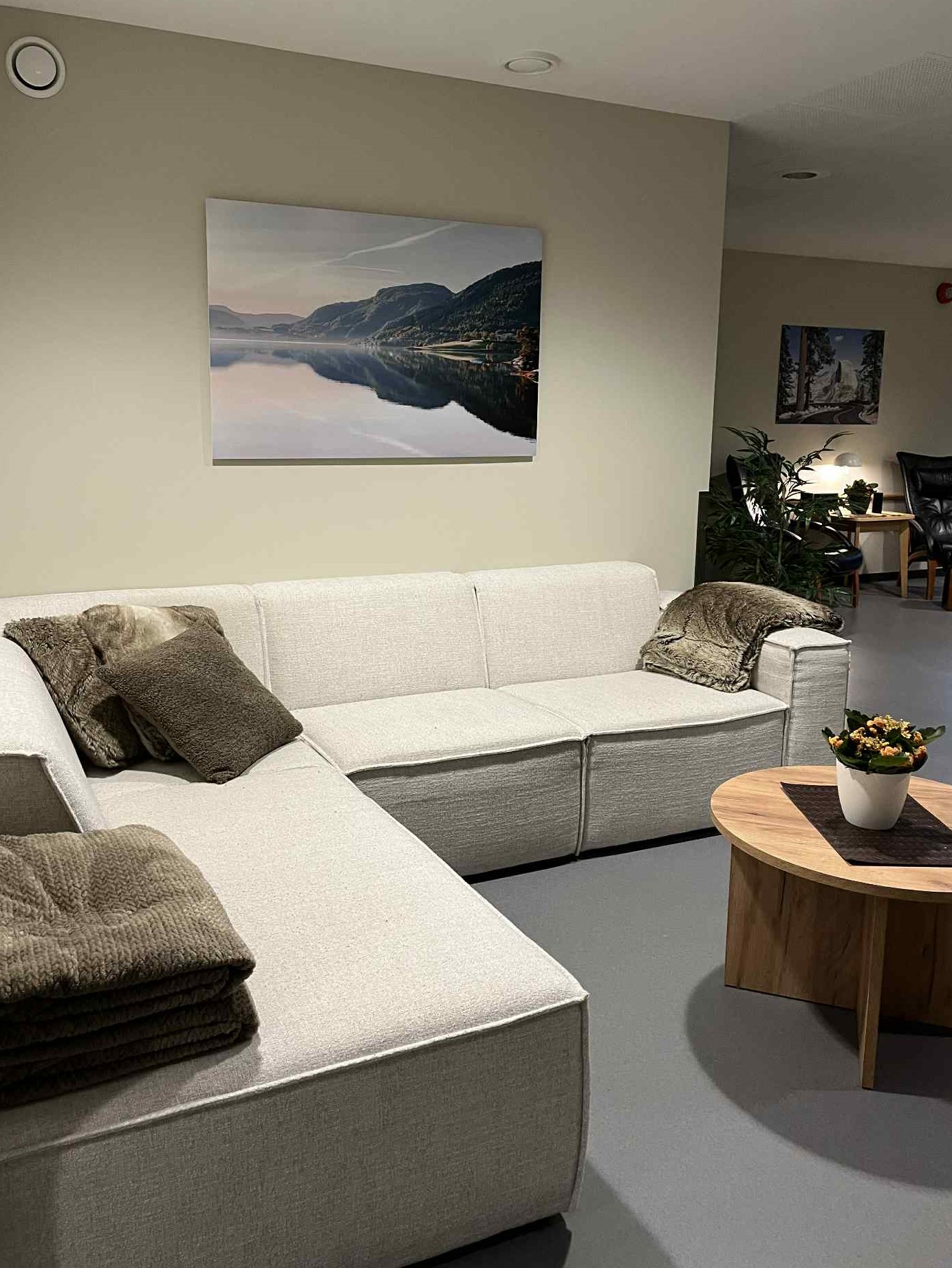 En stue med sofa og bord