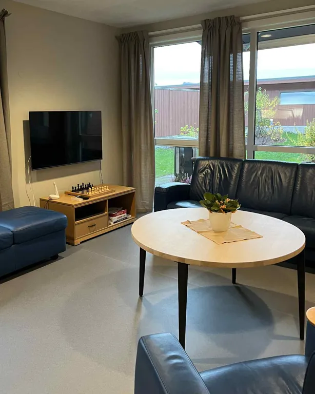 Stue med TV, bord og sofaer