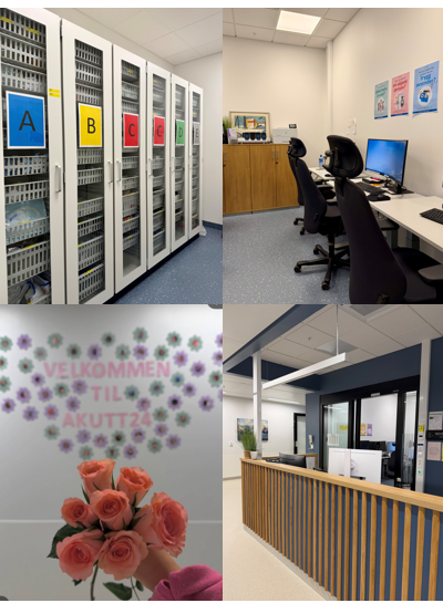 En collage av et rom med skrivebord og datamaskin