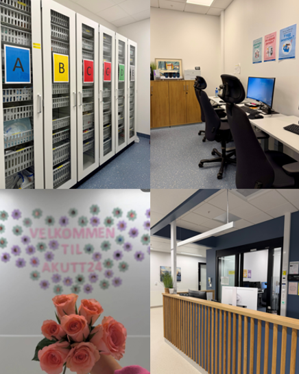 En collage av et rom med skrivebord og datamaskin