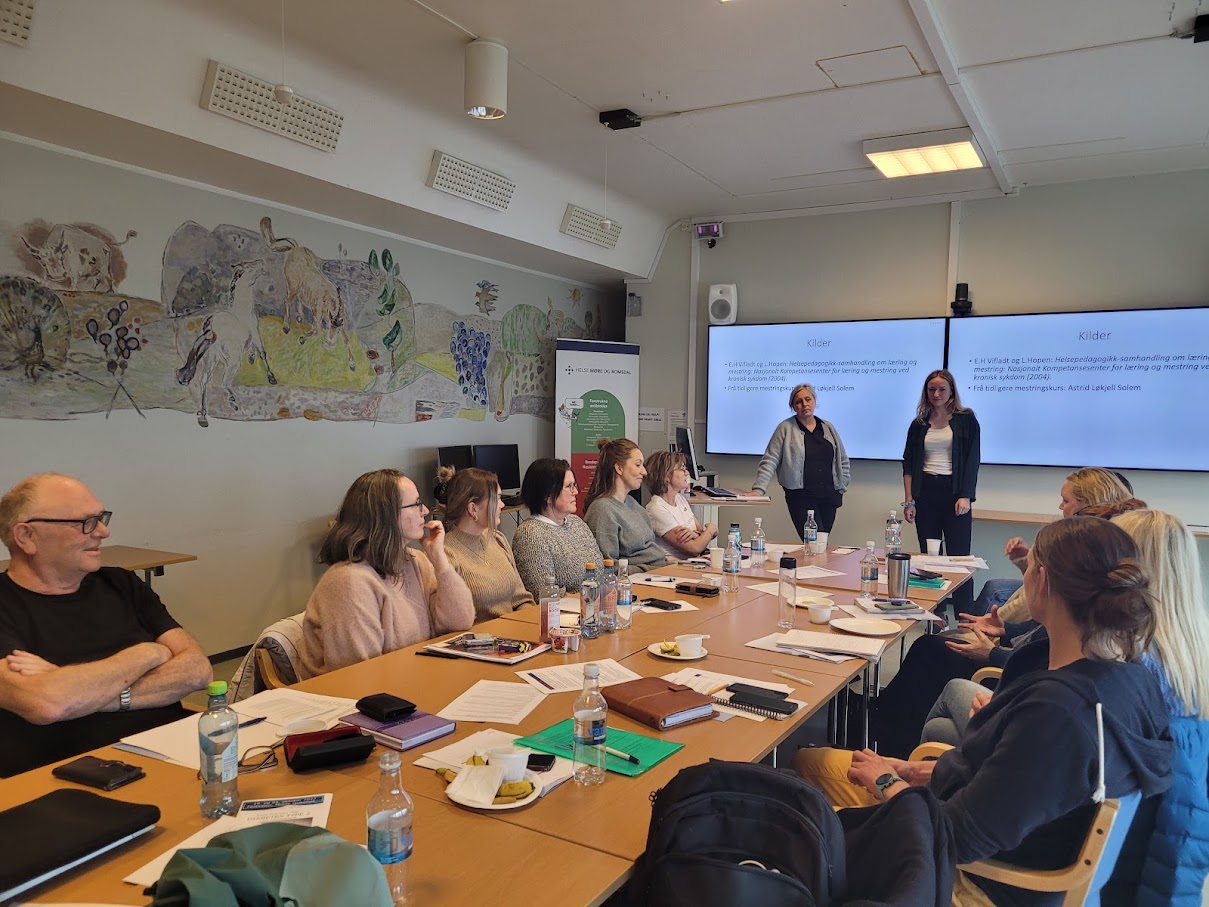 En gruppe mennesker som sitter ved et bord foran en projektorskjerm