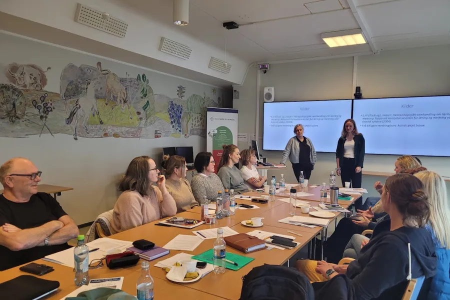 En gruppe mennesker som sitter ved et bord foran en projektorskjerm