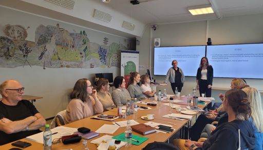 En gruppe mennesker som sitter ved et bord foran en projektorskjerm