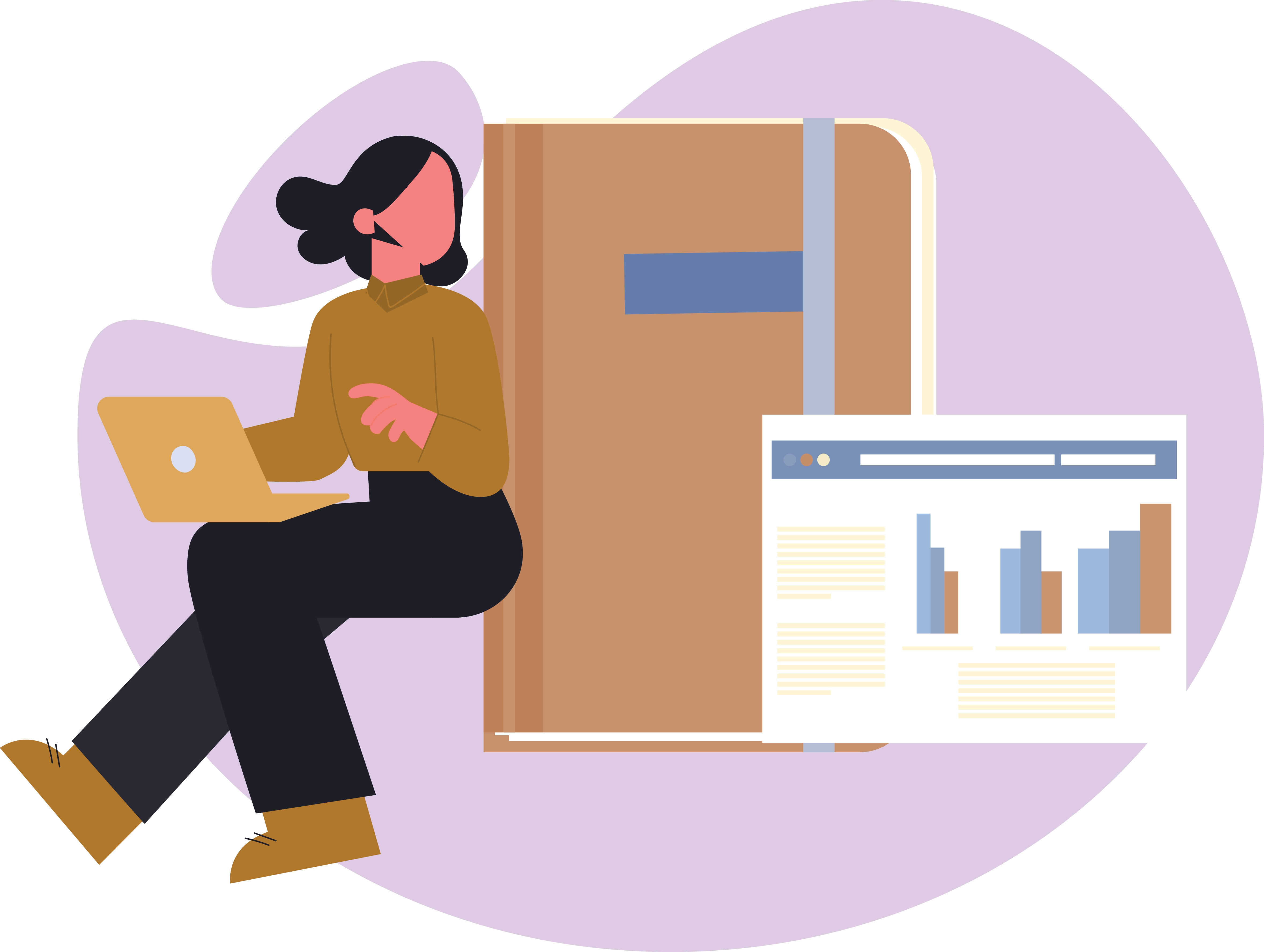 Ein person som sit med ein bærbar PC. Bak personen står ei stor notatbok, og til høgre er det eit skjermbilete med stolpediagram og tekst som symboliserer dataanalyse eller rapportering