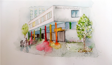 Akvarell av fasaden til barne- og ungdomsavdelinga. Et moderne bygg med farga glass i vindua og søyler i oransje, gult, rødt og grønt som markerer inngangen til avdelinga. .